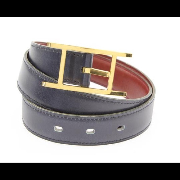 Hermès Navy and Red Square H Reversible Belt